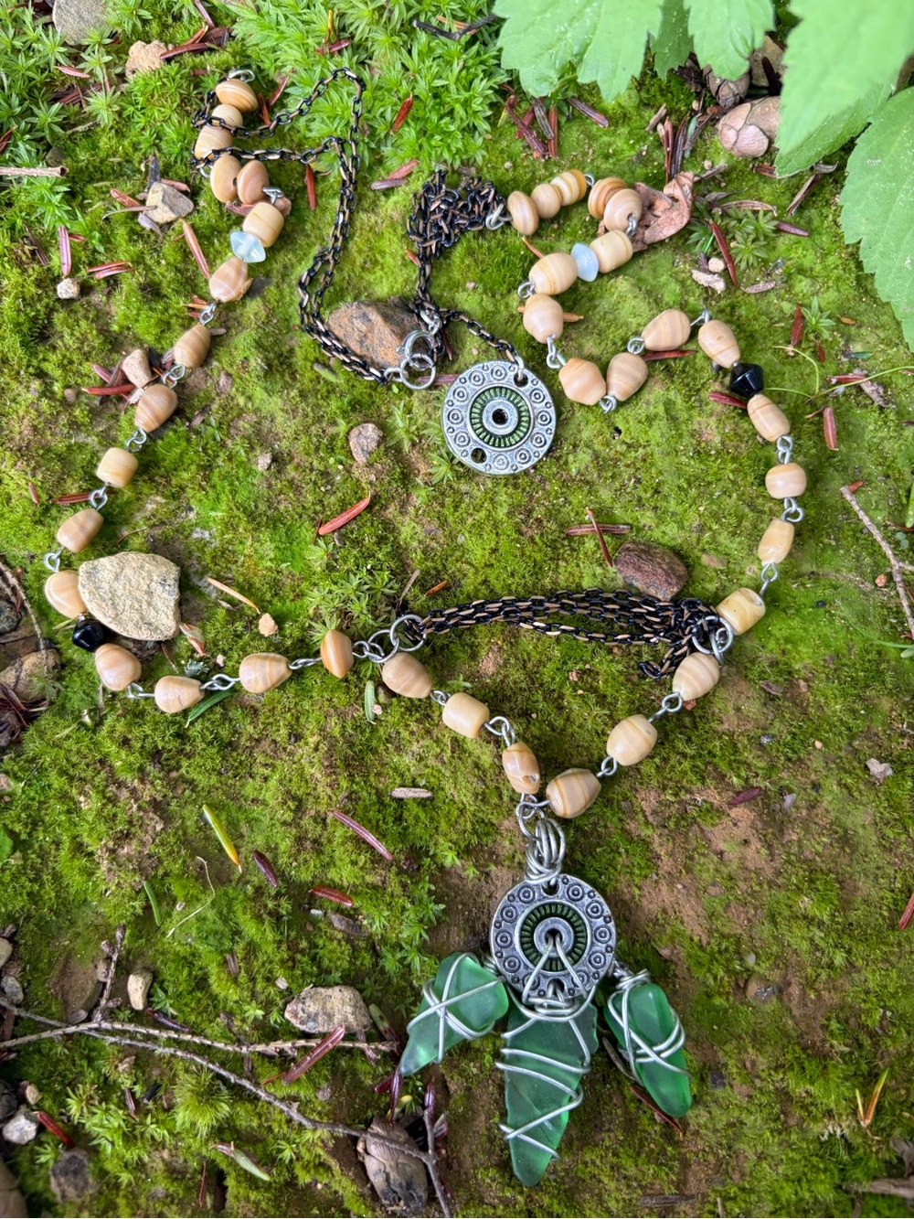 Boho Green Sea Glass & Beige Beaded Necklace